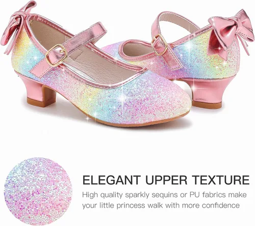 Vista 4 de Dufannie Zapatos de vestir para niñas, zapatos de tacón bajo de princesa, zapatos planos con purpurina para bodas y fiestas