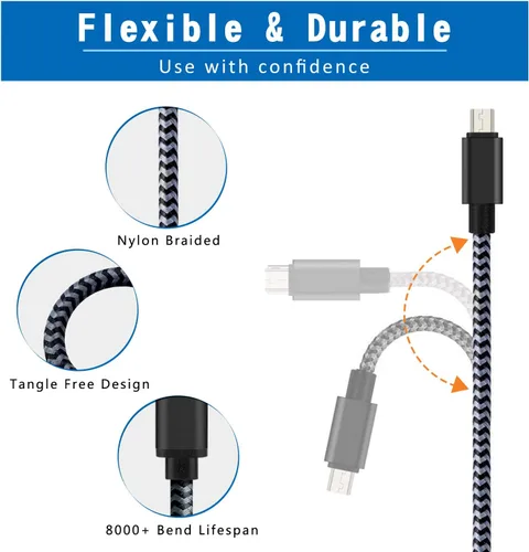 Vista 4 de Cable de carga para Android, cable micro USB [2 unidades/6 pies] con 2 unidades de doble puerto USB cargador de pared de carga rápida compatible