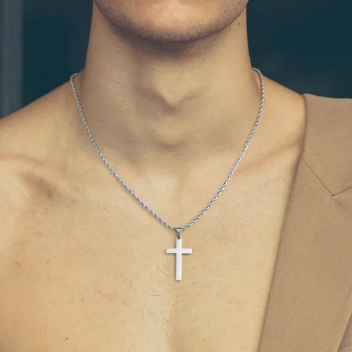 Vista 2 de LUXEJEW Collares de cruz de acero inoxidable para hombre, cadena de cuerda, collar con colgante de cruz negra, plata y oro, para hombres, niños