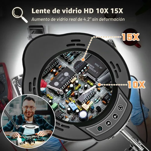 Vista 5 de Lupa con luz y abrazadera, lámpara de aumento de escritorio de 15X 10X, lupa de lente de cristal real de 84 LED, 5 modos de color regulable sin