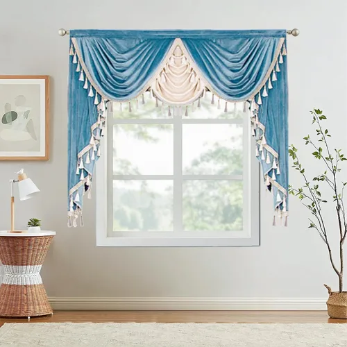 Vista 13 de Gxi Cenefa de cortina de terciopelo beige burdeos para ventanas de cocina, cenefas de cascada de terciopelo, cortinas de ventana para sala de estar