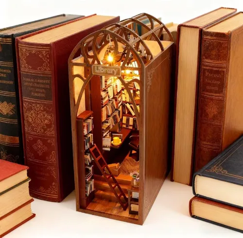 Vista 3 de Kit de rincón de libros para bricolaje con luces LED, rompecabezas de madera 3D para insertar en estantería y decoración de casa de muñecas, kit