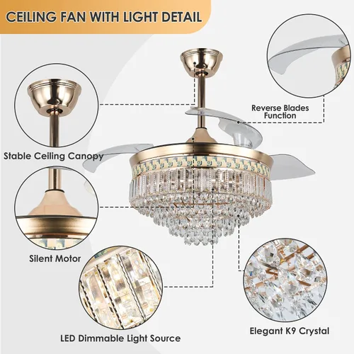 Vista 5 de Ventilador de techo de cristal dorado de 42 pulgadas con luces Lámpara de araña LED moderna retráctil con control remoto para sala de estar CMCF Oro