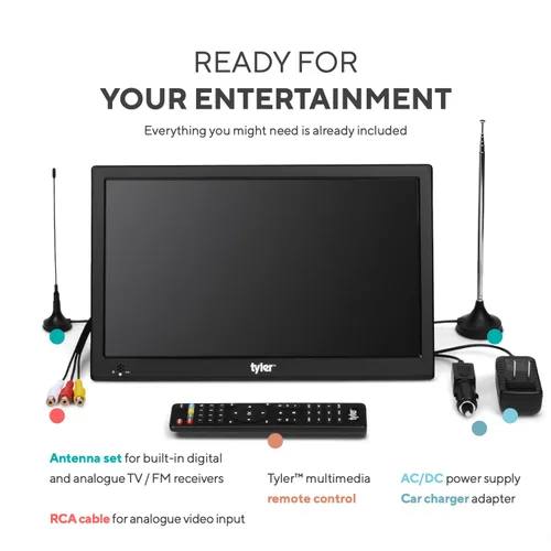 Vista 6 de Tyler 13" Monitor LCD de TV portátil con batería, capacidad inalámbrica, HD-TV, HDMI, ranura para tarjeta SD, USB, RCA, AC/DC, radio FM, cargador