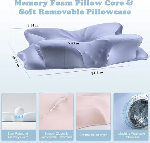 Vista 2 de Almohada cervical para aliviar el dolor de cuello y hombros, almohadas de espuma viscoelástica inodoras y funda de seda suave, para personas que