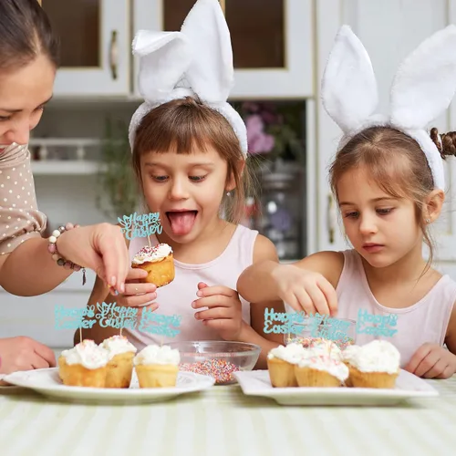 Vista 4 de Gyufise Paquete de 24 adornos azules con purpurina para cupcakes de Pascua con orejas de conejo de Pascua, decoraciones para fiesta de Pascua