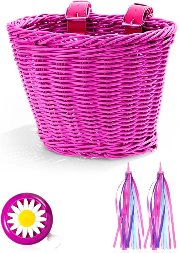 Vista 10 de Hestya Juego de cestas de bicicleta para niños, cesta de mimbre, cesta de bicicleta para manillar para niñas con 2 luces LED para ruedas
