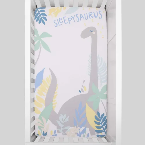 Vista 3 de NoJo Sleepysaurus - Sábana bajera ajustable para cuna, 100% algodón, diseño de hojas de dinosaurio azul, amarillo, gris y blanco