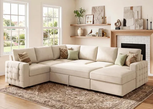 Vista 16 de HONBAY Sofá cama modular con cama extraíble, sofá seccional en forma de U, cama con diván de almacenamiento, sala de estar, sofá modular de 6 Azul