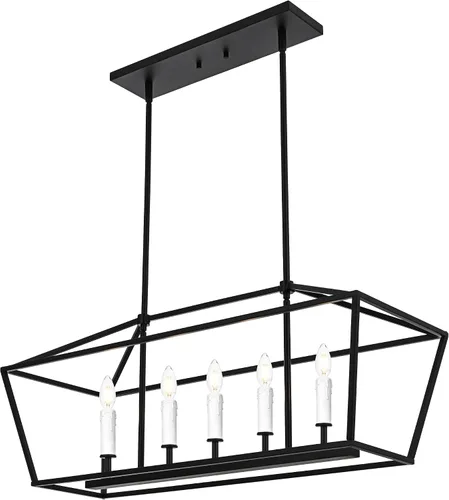 Vista 8 de Lámpara moderna de 5 luces para isla de cocina en acabado dorado, lámpara colgante industrial con marco de metal para comedor, vestíbulo, cafetería