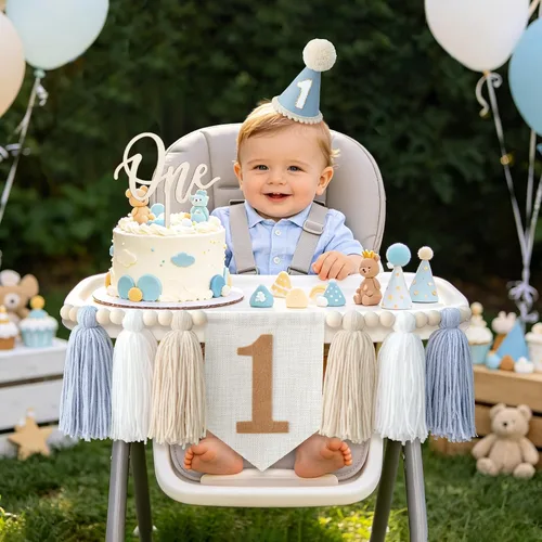 Vista 7 de DCJHFJ Decoraciones de primer cumpleaños para niño, pancarta azul para silla alta con sombrero de primer cumpleaños y una decoración de pastel