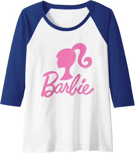 Vista 4 de Barbie - Camiseta de béisbol raglán raglán con logotipo rosa de Barbie, Negro - Negro/Blanco
