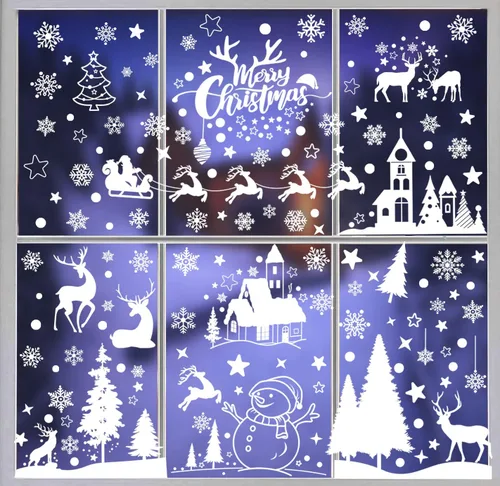 Vista 6 de 148 piezas de decoraciones navideñas para ventanas, Papá Noel, árbol de Navidad, copos de nieve, muñeco de nieve, castillo, ciervo, calcomanías