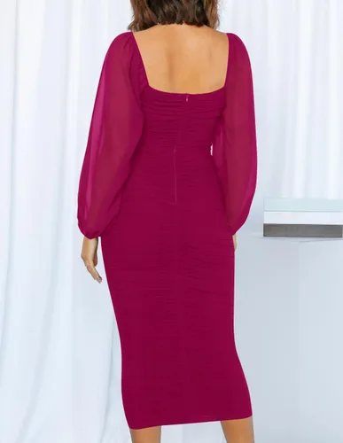 Vista 8 de ZESICA Vestido midi sexy y fruncido para mujer 2024, manga larga, cuello cuadrado, espalda descubierta, cóctel, fiesta, boda