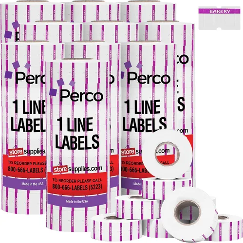 Vista 18 de Perco 1 línea de impresión inversa morada en etiquetas blancas de panadería, 8,000 etiquetas para pistolas Perco Lite, X, Plus y Pro, con diseño a