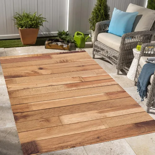 Vista 10 de Alfombra rústica impermeable de grano de madera marrón con estampado de tablero de madera antigua, para balcón, porche, patio, terraza, lavable