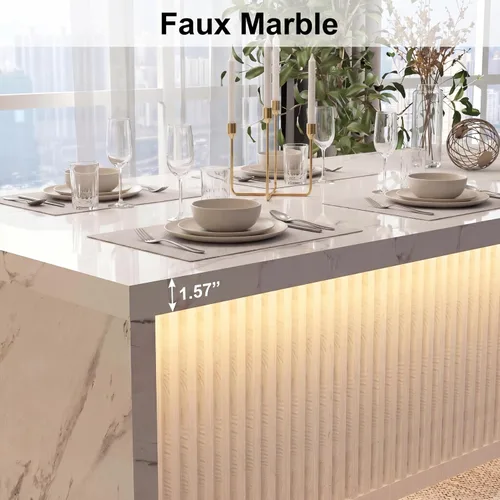 Vista 5 de Mesa de comedor grande de mármol sintético de 71 pulgadas para 4-6 personas, isla de cocina moderna con luces LED, mesa de comedor rectangular
