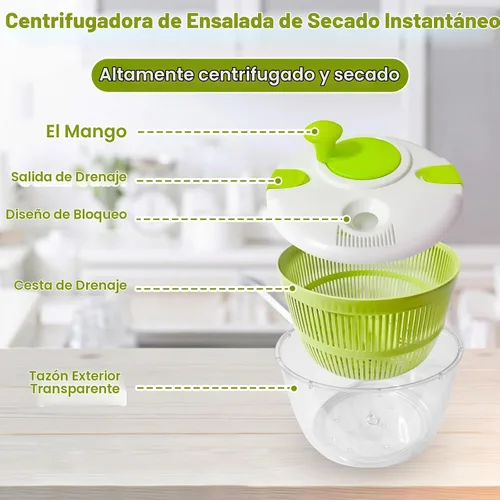 Vista 3 de Ensalada hilandera, secadora de lavado de verduras y frutas, hiladora de lechuga, para lavar frutas, verduras, pasta, verde, 5L