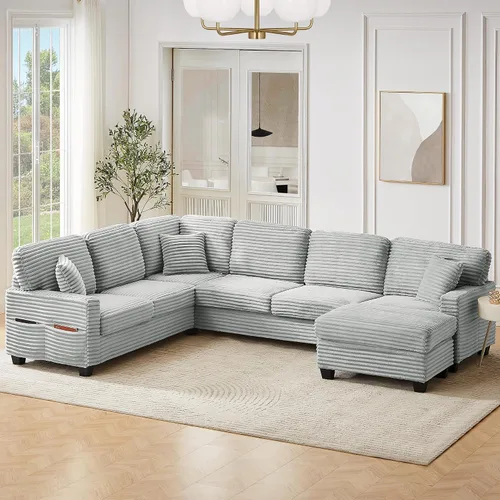 Vista 10 de Sofá modular de 125.2 pulgadas, sofá tapizado en forma de U con otomana móvil y bolsillos laterales de almacenamiento para sala de estar, color negro