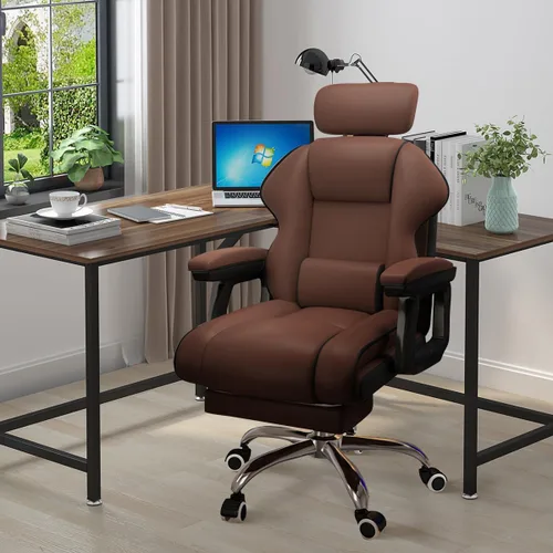 Vista 6 de Silla ejecutiva para computadora, silla de escritorio para oficina en casa, ángulo ajustable, ergonómica, de altura ajustable, sillas de piel Marrón
