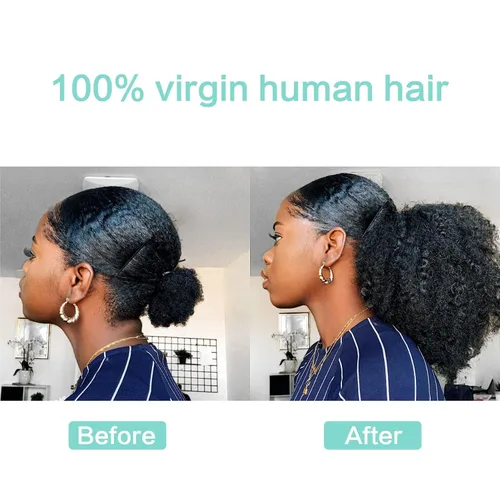 Vista 7 de Cola de Caballo con Cordón Afro Puff Cabello Humano Afro Rizado Crespo Cola de Caballo con Cordón 4C para Mujeres Negras Extensión de Cabello Humano
