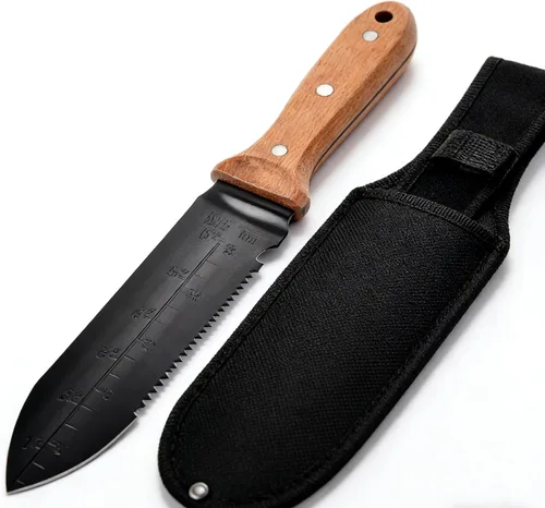 Vista 2 de Hori Hori - Cuchillo de jardín, hoja de acero inoxidable de 7 pulgadas, herramienta de jardinería resistente, mango de madera de espiga completa