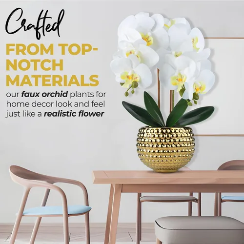 Vista 3 de Orquídeas artificiales grandes, orquídeas artificiales blancas de 17 pulgadas con maceta dorada para decoración de sala de estar, planta de orquídea