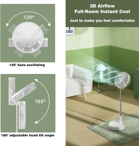 Vista 3 de Ventilador oscilante plegable recargable de 9 pulgadas, 7200 mAh, funciona con pilas, ventilador pequeño con control remoto, ventiladores