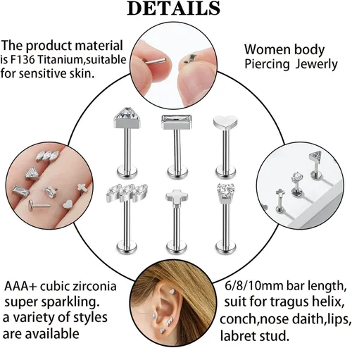 Vista 3 de Uni-J F136 Titanium Labret Studs 16G 6mm 8mm 10mm Lip Studs Cluster Earrings Piercing Internally Threaded Medusa Ring Cartilage Monroe Body Piercing