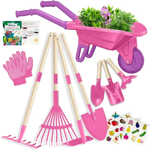 Vista 12 de Qtioucp - Juego de herramientas de jardinería para niños, juguetes al aire libre, juego de patio trasero con carretilla, juguetes educativos STEM