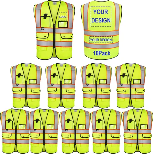 Vista 21 de Chaleco Reflectante Clase 2 de Seguridad ANSI con Bolsillos y Cremallera de Alta Visibilidad Uniforme de Construcción K-verde-1pack-custom