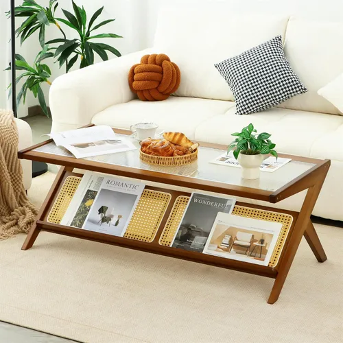 Vista 11 de Mesa de centro de bambú, mesa de centro de ratán con parte superior de vidrio, mesas centrales de madera de mediados de siglo, mesas de té laterales