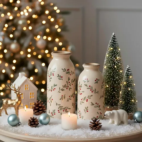 Vista 7 de [Usado] Ronasip Jarrones de acebo de Navidad, juego de 2 jarrones de cerámica, decoración rústica pintada a mano, esmalte agrietado con hielo