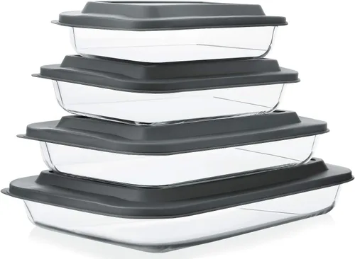 Vista 4 de Juego de 8 platos para hornear de vidrio profundo con tapas de plástico, juego de utensilios rectangulares de vidrio con tapas, moldes para hornear