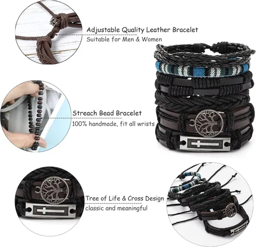 Vista 3 de FIRAZIO Juego de 27 pulseras de cuero trenzado para hombres y mujeres, pulseras de cuentas de madera, cuerdas de cáñamo, étnicas tribales hechas a