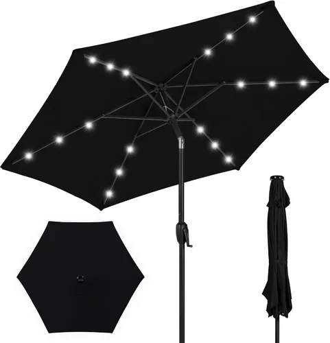 Vista 50 de Best Choice Products Sombrilla de Patio Solar de Poliéster con Luz LED de 10 pies con Ajuste de Inclinación y Tela Resistente a los Rayos UV - Gris