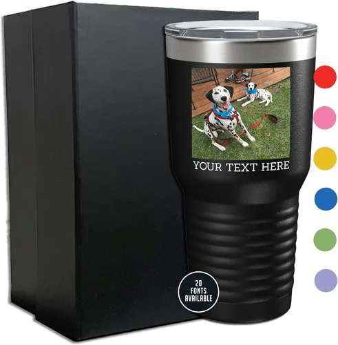Vista 7 de Vaso personalizado de 30 onzas (17 colores) con foto impresa con aislamiento térmico de acero inoxidable recubierto de polvo con tapa, regalo