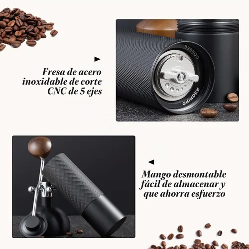 Vista 5 de Molinillo de café manual con capacidad de 0.88 oz, rebabas de acero inoxidable, mango de madera, molinillo de café para rebabas para el hogar Negro