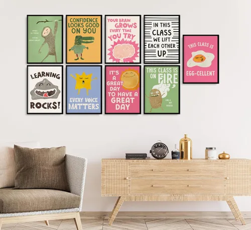 Vista 6 de 9 piezas de arte de pared con citas inspiradoras coloridas motivacionales positivas para el aula, imágenes de mentalidad de crecimiento, profesor