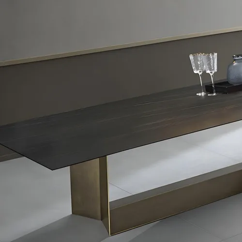 Vista 8 de LAKIQ Mesa de comedor rectangular de piedra sinterizada moderna con parte superior de piedra con doble pedestal de metal para comedor