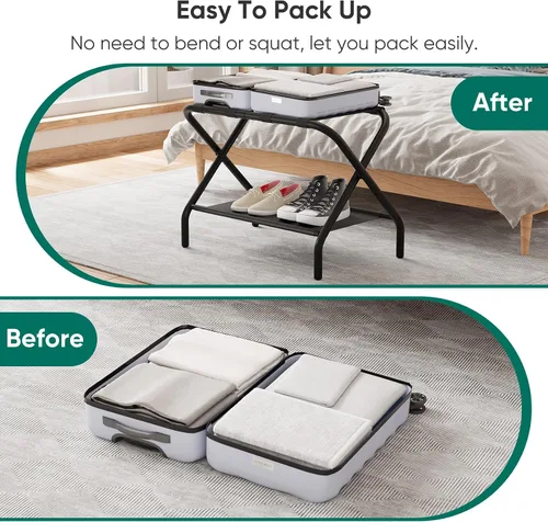 Vista 4 de Smuxee Portaequipajes Negro Paquete de 2, Soporte Plegable para Maletas con Estante de Almacenamiento de Tela, Portamaletas con 4 Correas de Nailon