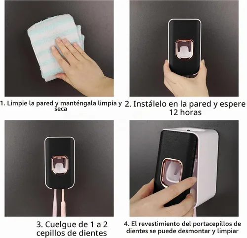 Vista 5 de Soporte de plástico para cepillos de dientes de 2 ranuras y dispensador de pasta de dientes montado en la pared, exprimidor automático de pasta