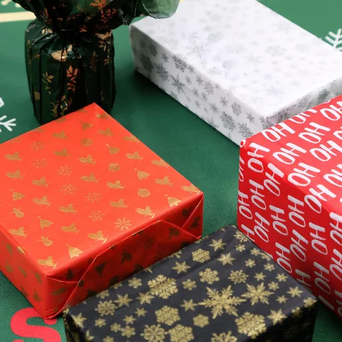 Vista 8 de PAPER FAIR HoHoHo - Juego de 100 hojas de papel de seda de regalo verde vintage dorado y plateado, papel de seda de copo de nieve HoHoHo, para caja
