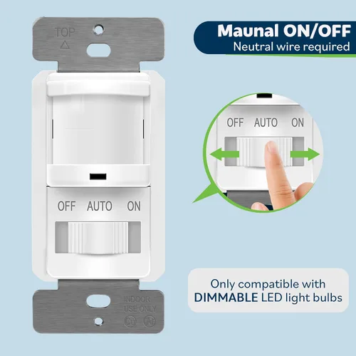 Vista 3 de Interruptor de luz con sensor de movimiento Topgreener TSOS5-W PIR, fluorescente, incandescente, 500 W, requiere alambre neutro, Blanco, TSOS5-W