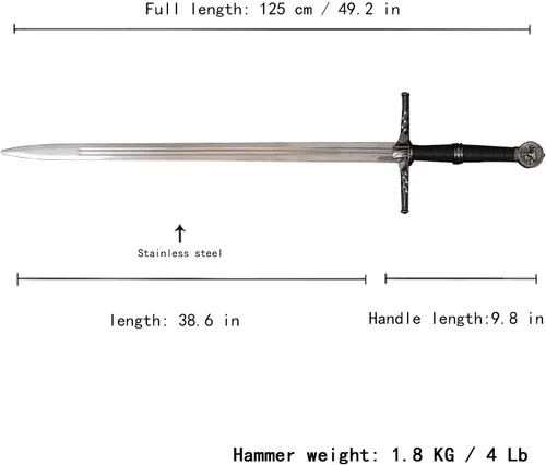 Vista 2 de Espada de acero plateado de Geralt de metal completo de 125cm/48.8 pulgadas, acero inoxidable, espada plateada de lobo blanco Aerondight hecha a