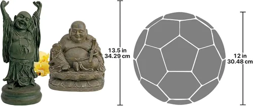 Vista 3 de Design Toscano Estatua asiática de decoración santuario, juego de dos, Jolly Hotei y Buda riendo, acabado de bronce Verdigris