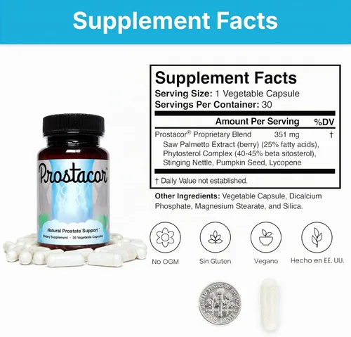 Vista 6 de Prostacor - Suplemento Natural para el Apoyo de la Próstata - Sin GMO, Vegano, Sin Gluten Supports Healthy Urine Flow, Fewer Urges, Bladder