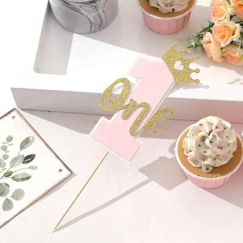 Vista 6 de Una decoración para tartas para bebés, rosa y dorado para el primer cumpleaños, accesorios para el primer cumpleaños