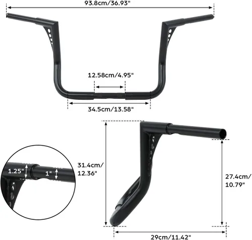 Vista 6 de TCT-MOTORPARTS Manillar Ape Hanger Negro de 1 1/4" de Elevación 12" Apto para Modelos Harley Dressers Baggers Touring Electra Glide, Street Glide