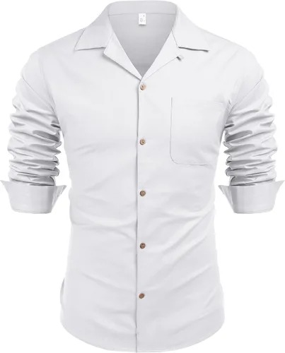 Vista 4 de COOFANDY Camisas de lino y algodón para hombre manga larga casual con botones para la playa